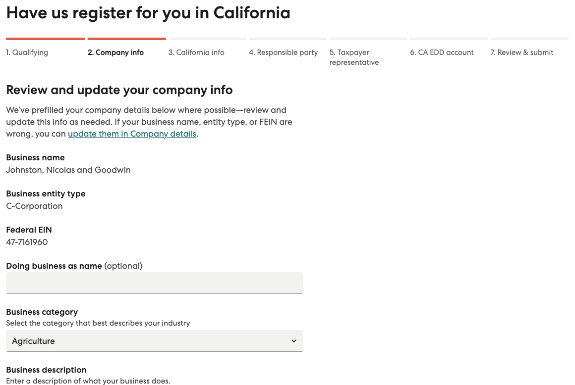 Second step in California State Tax Registration flow
