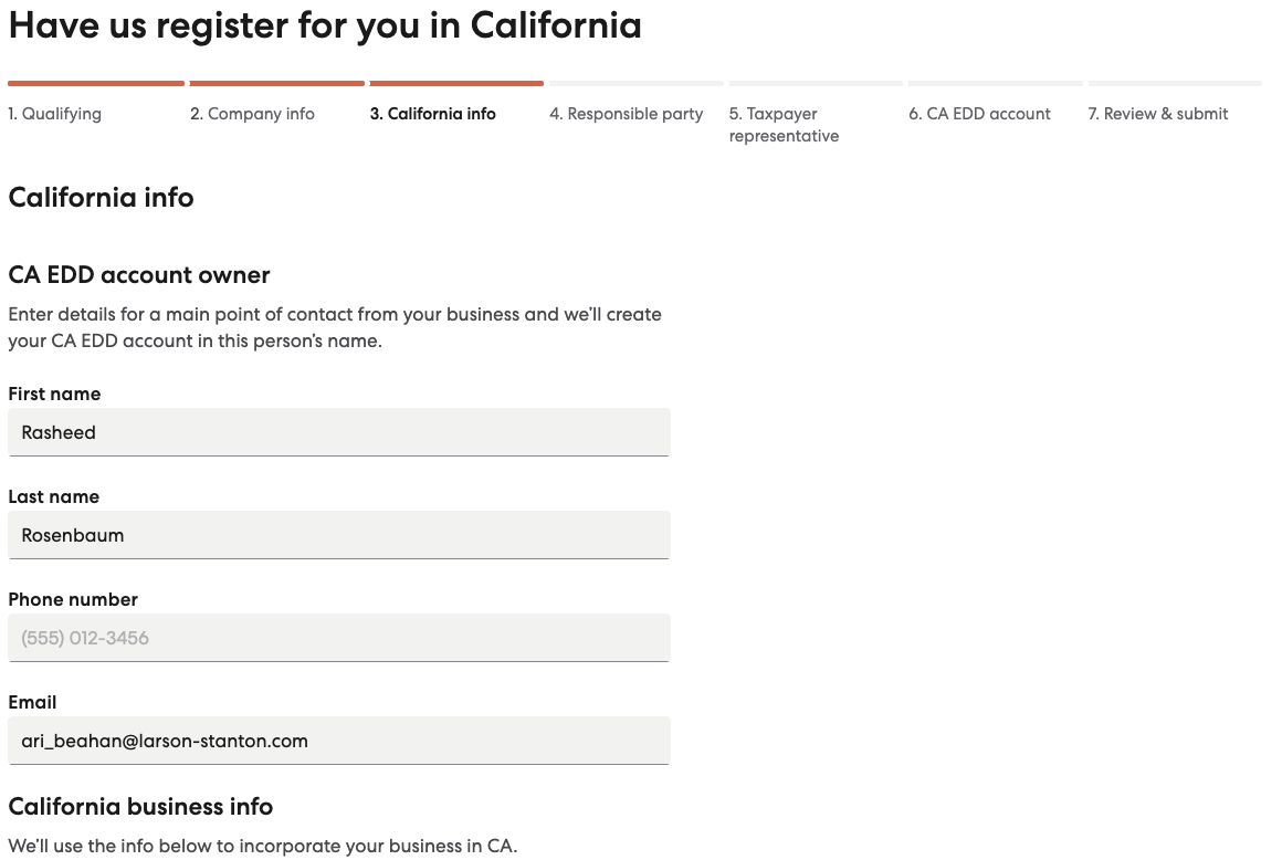 Third step in California State Tax Registration flow