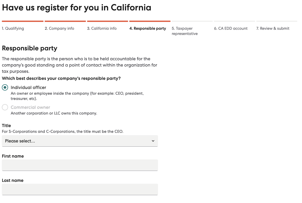 Fourth step in California State Tax Registration flow