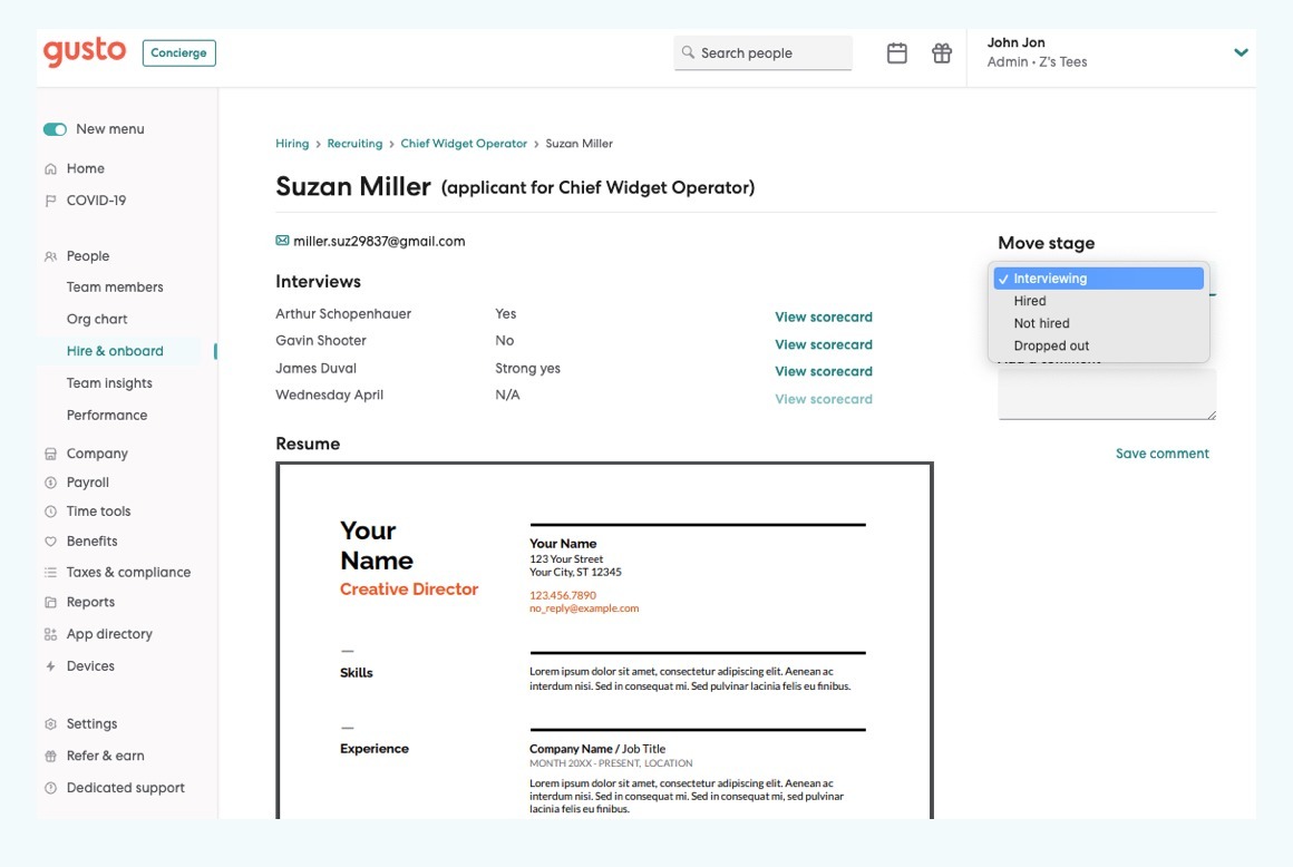 Review hiring team notes and scores