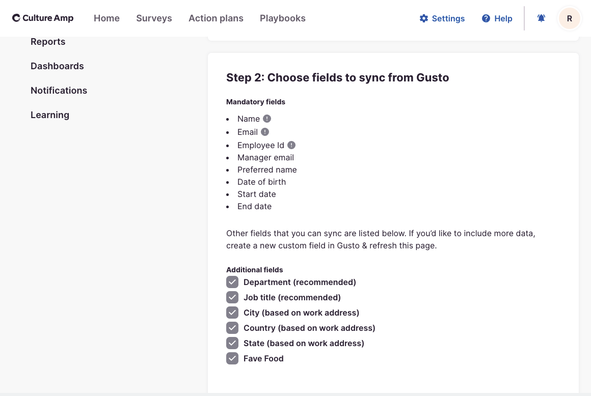 Select fields to sync