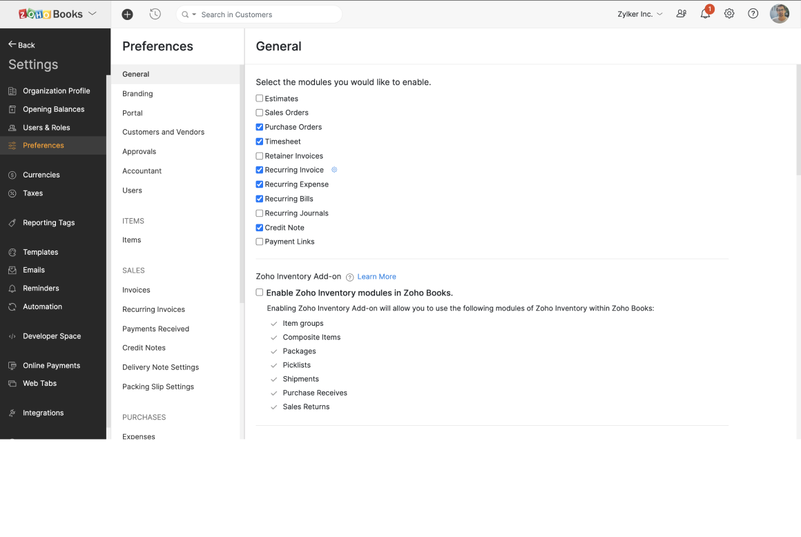 Organization Setup - Configure your Zoho Books organization, and the settings for various modules