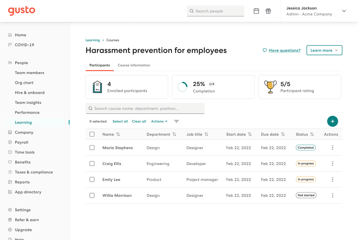 Learning - Active course page