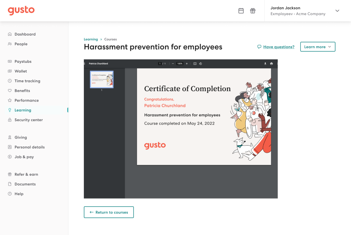 Learning - Course certificate page