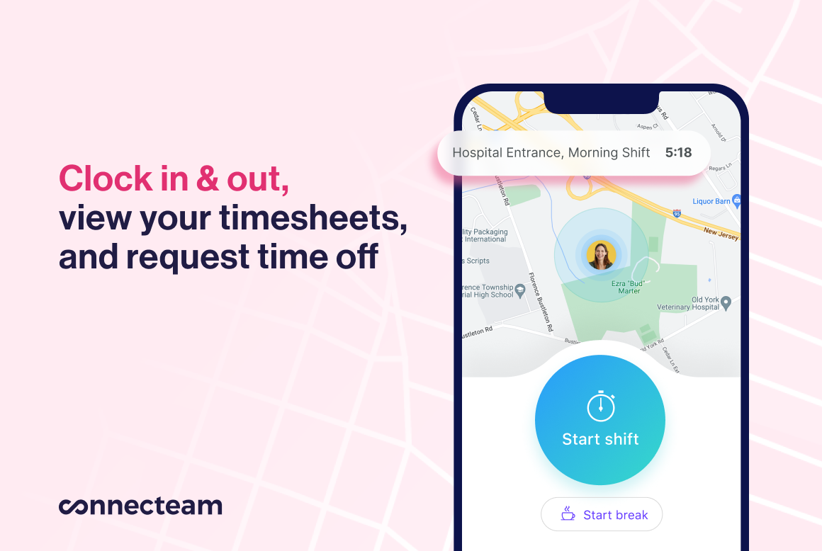 clock in and out, view your timesheets, and request time off