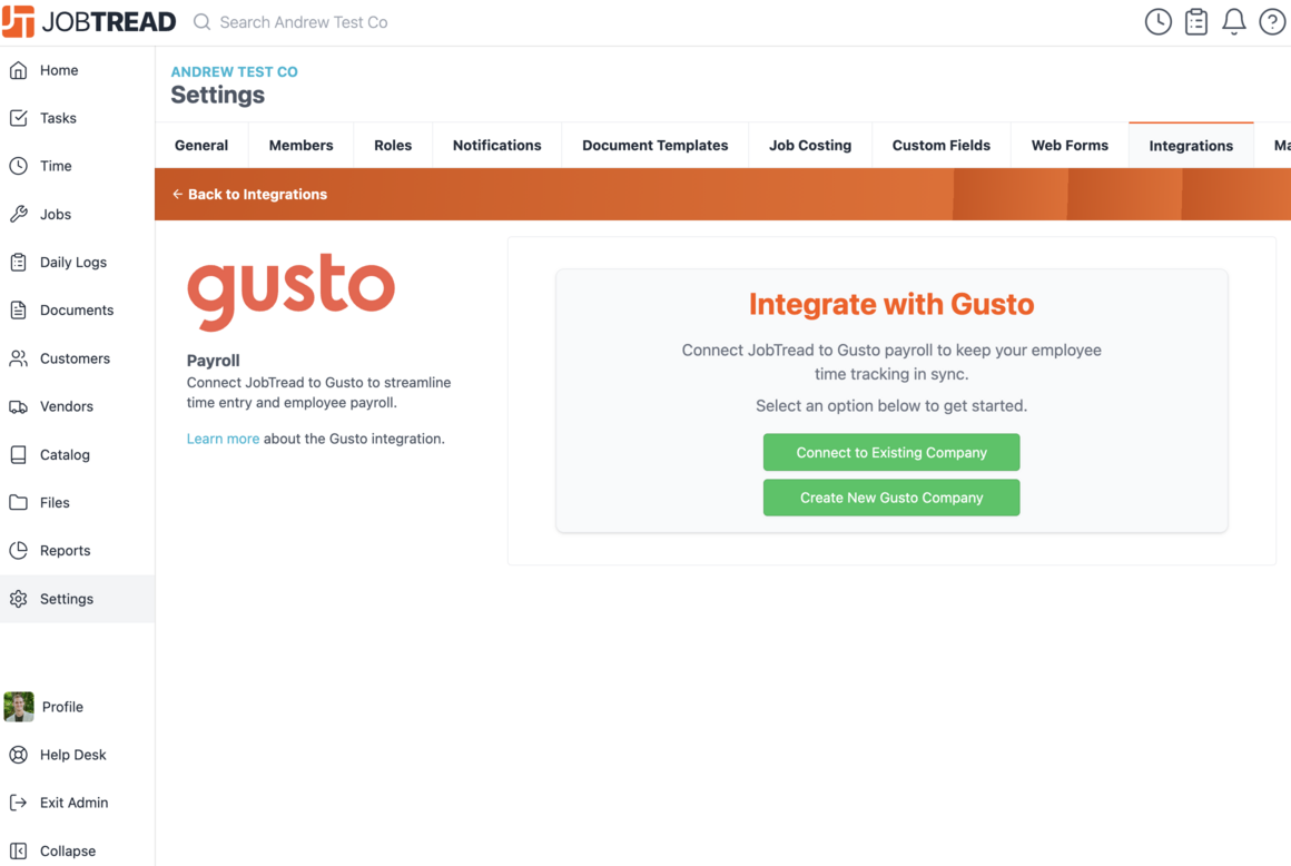 connect to Gusto via JobTread