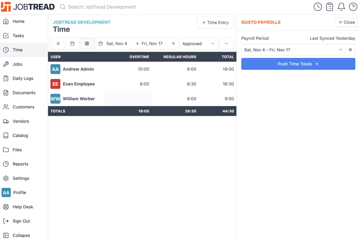 push time totals to Gusto