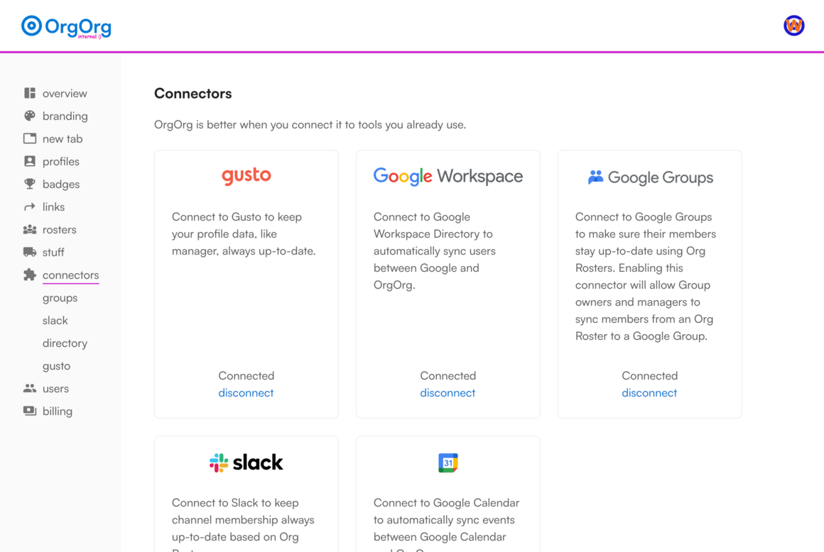 OrgOrg connector dashboard