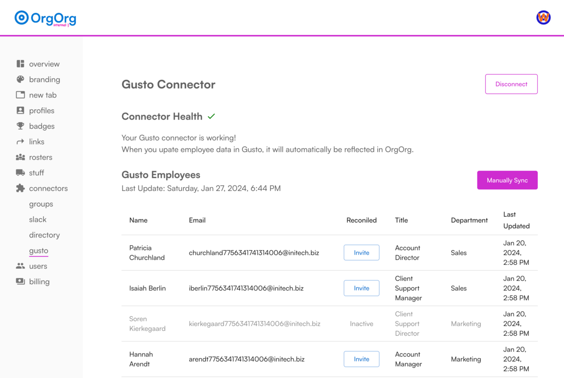 OrgOrg Gusto connector dashboard