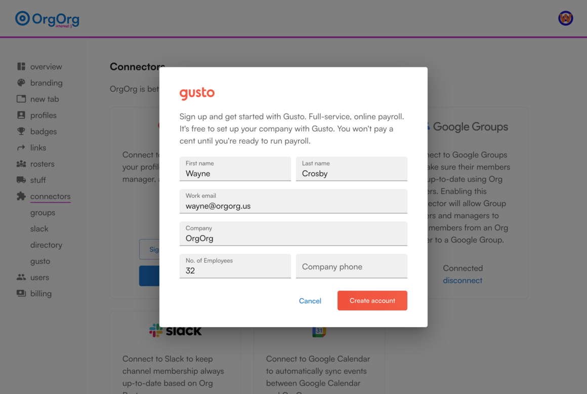 OrgOrg provision Gusto account