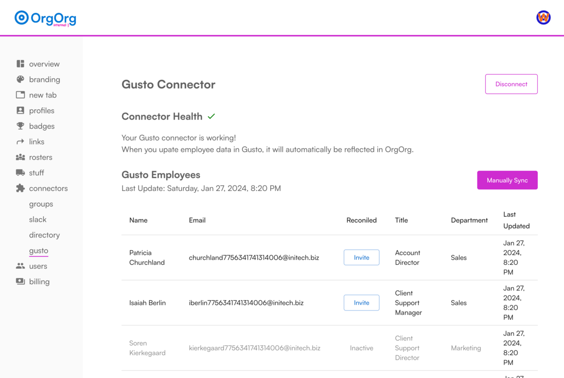 OrgOrg view imported employees from Gusto
