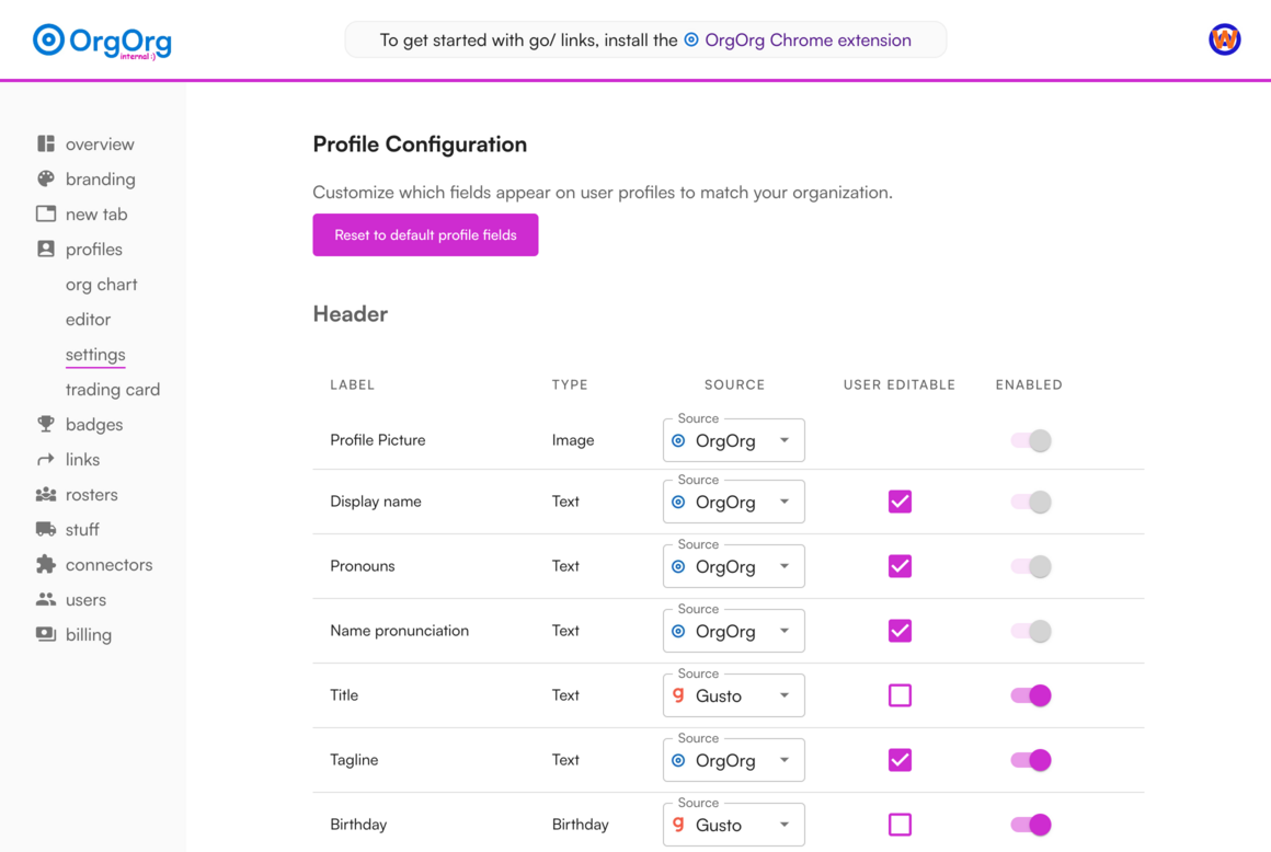 OrgOrg profile settings