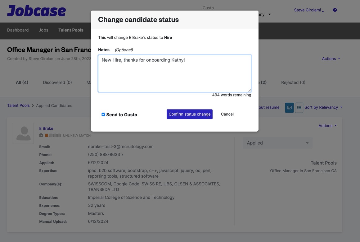 Onboard hired candidate