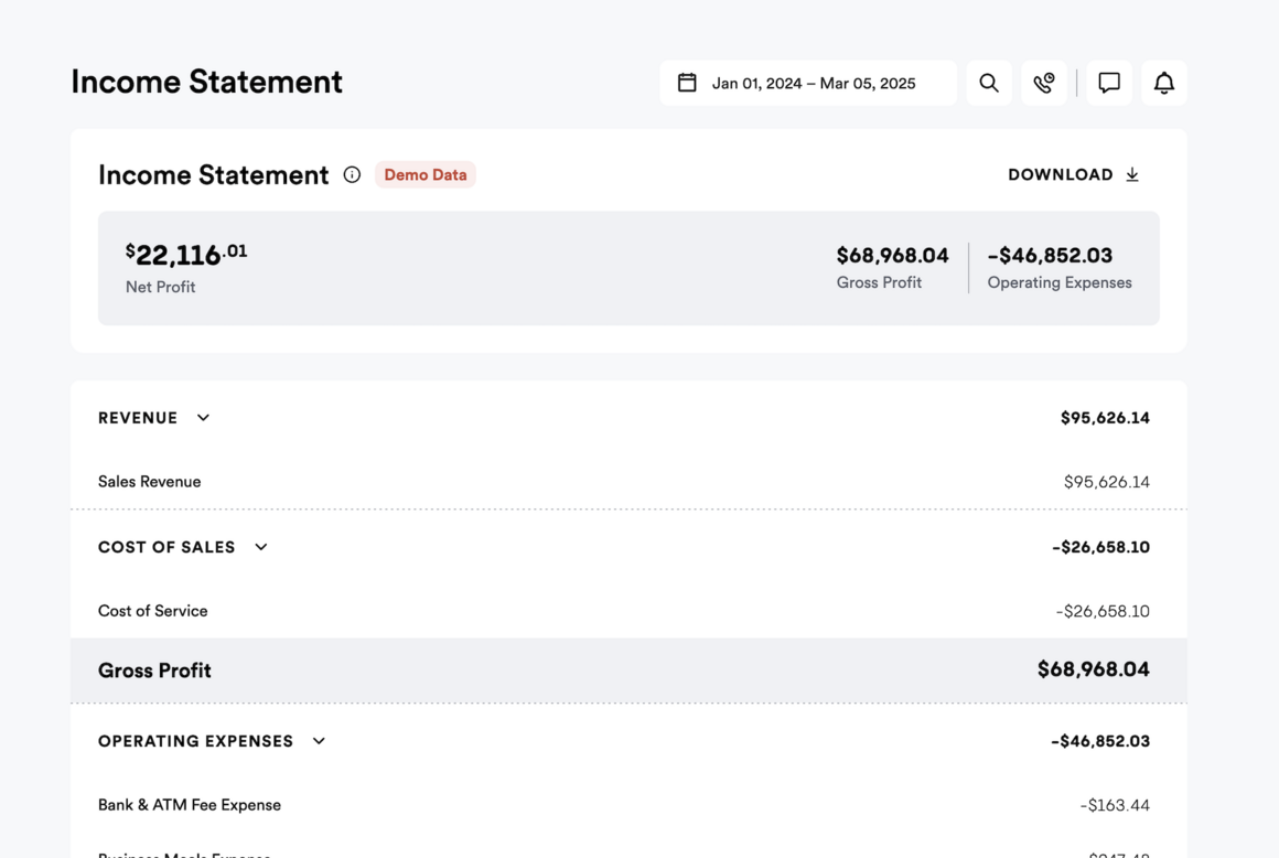Bench Income Statement view