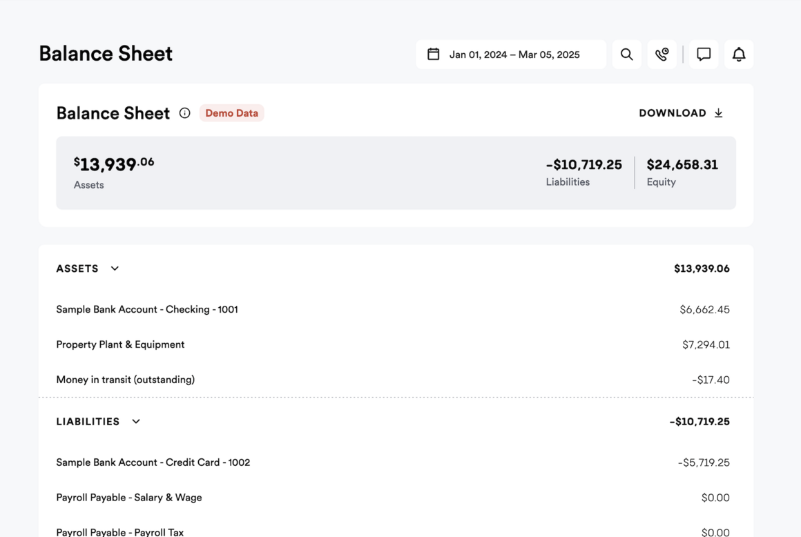Bench Balance Sheet view