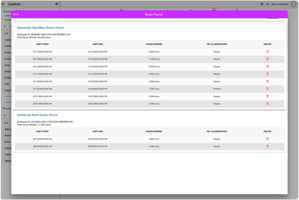 Submitted timesheets