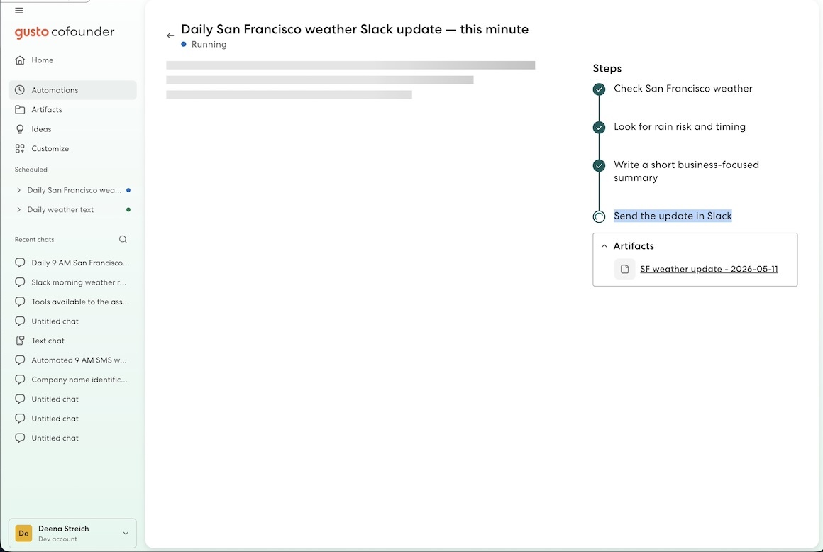 Gusto Cofounder notifying the user of the current weather via Slack